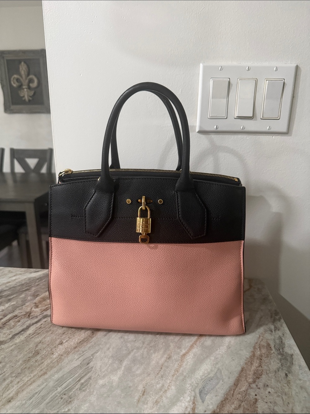 Louis Vuitton Black and Blush Two-Tone Satchel with Gold Hardware